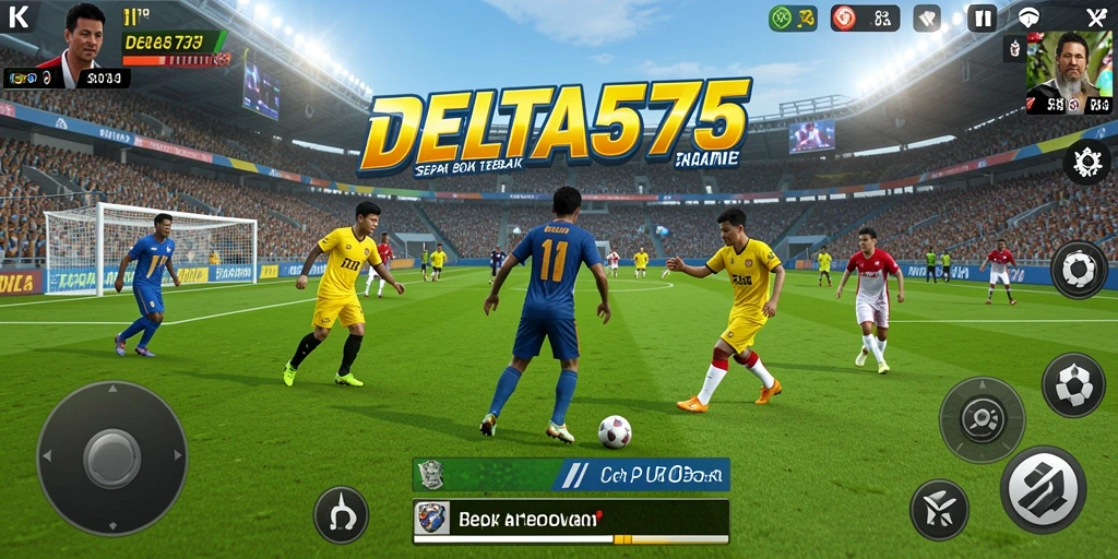 Screenshot antarmuka DELTA575 yang menampilkan aksi sepak bola yang intens.